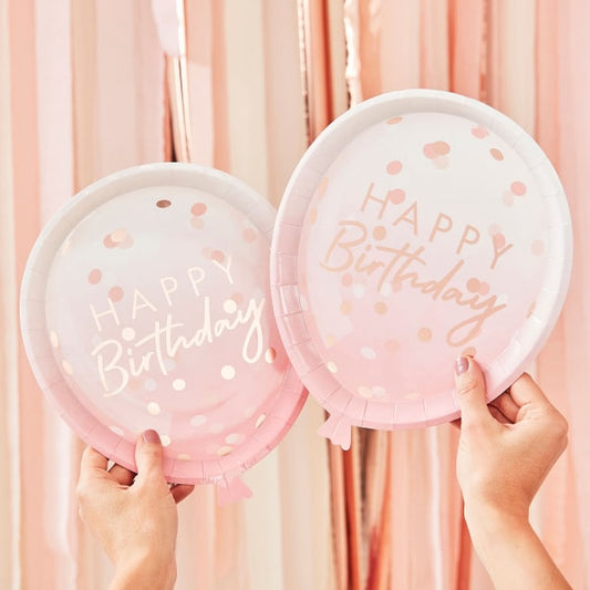Πιάτα Χάρτινα Happy Birthday σε Σχήμα Μπαλόνι Ροζ Χρυσό / 8τεμ